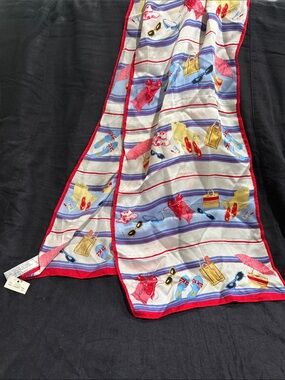 Collection XIIX Red-Trim White Silk Scarf 🧣 with Multicolor Beach Motif NWT